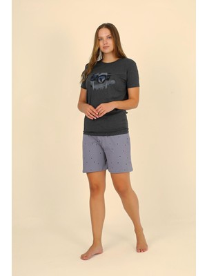 Moda Çizgi Kadın Şortlu Kısa Kol Penye Pijama Takımı Füme 3622