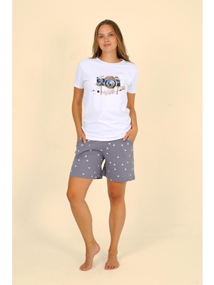 Moda Çizgi Kadın Şortlu Kısa Kol Penye Pijama Takımı Beyaz 3622