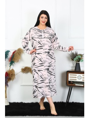 Moda Çizgi Kadın Büyük Beden Uzun Kol Krem Anne Gecelik 1362