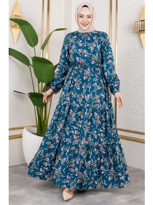 Lizay Asel Çiçekli Viskon Elbise Petrol