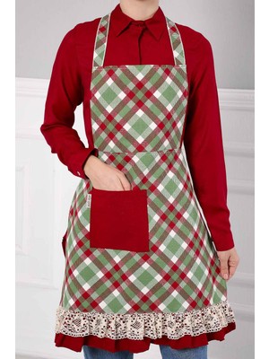 Dantel Detaylı Mutfak Önlüğü,mo-1 Ekose Desen - Koyu Bordo
