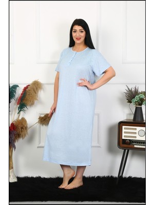 Moda Çizgi Kadın Büyük Beden Kısa Kol Mavi Dantelli Anne Gecelik 1376