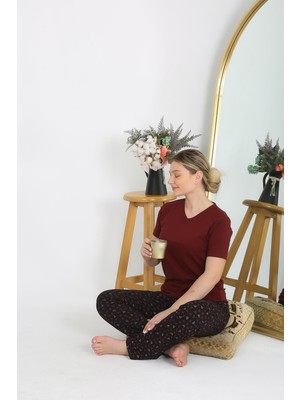 Moda Çizgi Kadın Kısa Kol Pamuk Penye Pijama Takım Bordo 4214