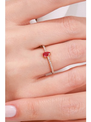 Oroline Kuyumculuk 14 Ayar Kırmızı Taşlı Şık ve Minimal Kadın Altın Yüzük