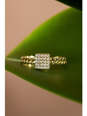 Oroline Kuyumculuk 14 Ayar Kare Taşlı Modern Geometrik Kadın Altın Yüzük