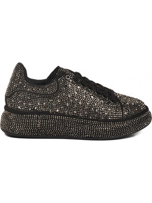 Ayakmod Siyah Platin Taş Işlemeli Bağcıklı Kadın Sneaker 989118-01 Z