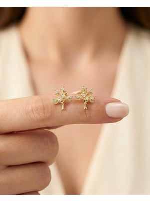 İndigo Takı Küçük Hayat Ağacı 14 Ayar Altın Küpe