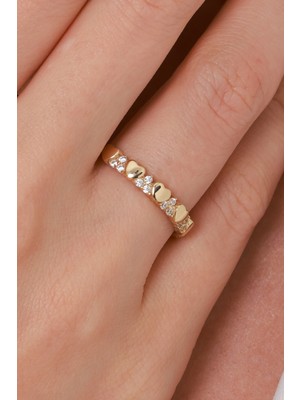 Oroline Kuyumculuk 14 Ayar Kalp Desenli Taşlı Minimal Kadın Altın Yüzük