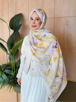 Moda Nuda Mira Ipek Retro Desen Pamuk Soft Şal Kadın Sarı Lila