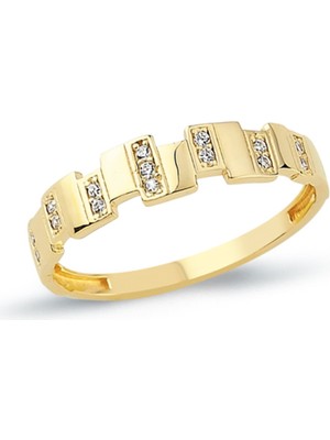 Oroline Kuyumculuk 14 Ayar Zigzag Desenli Minimal Kadın Taşlı Altın Yüzük