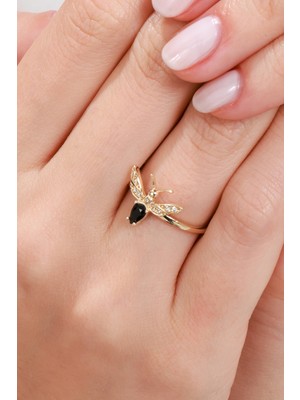 Oroline Kuyumculuk 8 Ayar Arı Desenli Siyah Taşlı Kadın Altın Yüzük