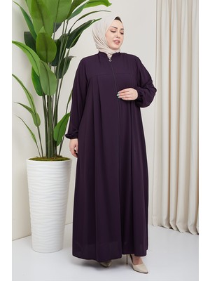 Medine Ipeği Tesettür Pile Detaylı Ferace MDC-0165 Mürdüm