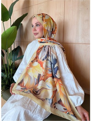 Moda Nuda Mira Ipek Desenli Pamuk Soft Şal Ilham Serisi Sarı Turuncu