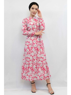 Moda Çizgi Çiçek Desenli  Pileli Elbise Fuşya