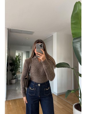 Polo State Kadın Polo Yaka Saç Örgülü Triko Kazak Vizon