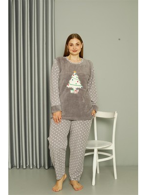 Moda Çizgi Welsoft Polar Kadın Büyük Beden Gri Pijama Takımı 808048