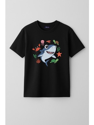 Mixxi Fashion Sevimli Köpekbalığı Deniz  - Cute Shark Kısa Kollu Baskılı Unisex Çocuk Tişört (4-13 Yaş)