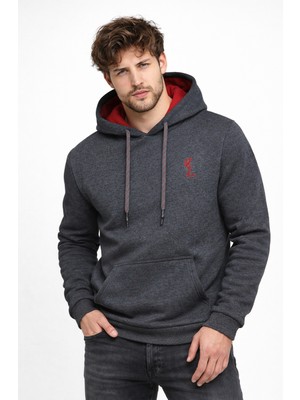 Polo State Erkek Kapüşonlu 3 İplik İçi Şardonlu Nakışlı Antrasit Sweatshirt