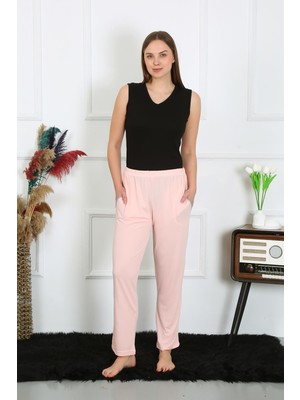 Moda Çizgi Kadın Pamuk Penye Cepli Tek Alt Pijama Pembe 27512