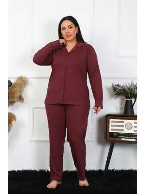 Moda Çizgi Kadın Büyük Beden Pamuklu Cepli Düğmeli Mürdüm Pijama Takım 202401