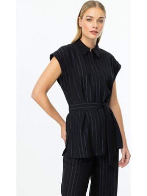On Minimalist Çizgili Kemerli Kolsuz Midi Yelek - Günlük & Iş