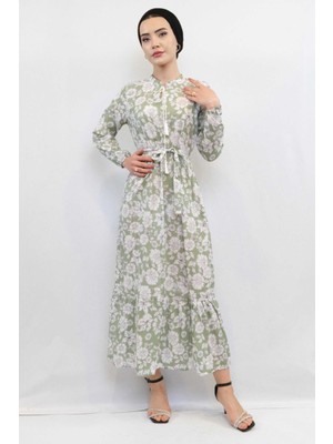 Moda Çizgi Çiçek Desenli  Pileli Elbise Mint