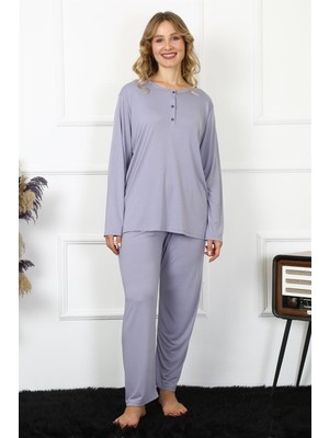 Moda Çizgi Kadın 4xl-5xl-6xl-7xl-8xl Büyük Beden Lila Uzun Kol Pijama Takım 75013