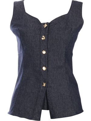 Ysatis Minimalist Crop Denim Yelek - Kolsuz, Düğmeli, Günlük