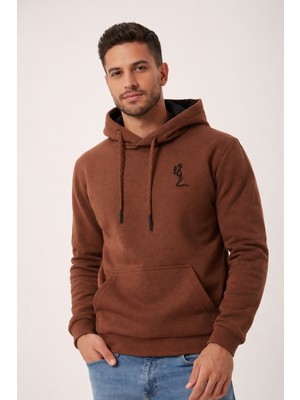 Polo State Erkek Kapüşonlu 3 İplik İçi Şardonlu Nakışlı Kahverengi Sweatshirt