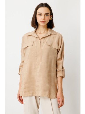 On Minimalist Oversize 3/4 Kol Cep Detaylı Kadın Bluz - Günlük Tarz