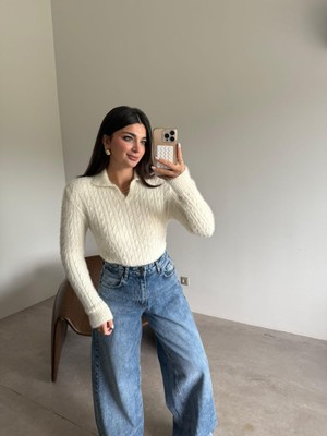 Polo State Kadın Polo Yaka Saç Örgülü Triko Kazak Ekru