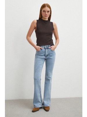 Never More Orta  Bel Likralı Ispanyol Paça Jean Buz Mavisi