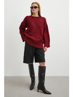 Never More Bisiklet Yaka Fitilli Triko Kazak Bordo