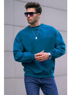 Bold Unisex Bisiklet Yaka Şardonlu Üç Iplik Mavi Sweatshirt