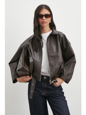 Never More Yakalı Kemer Detaylı Deri Ceket Kahve