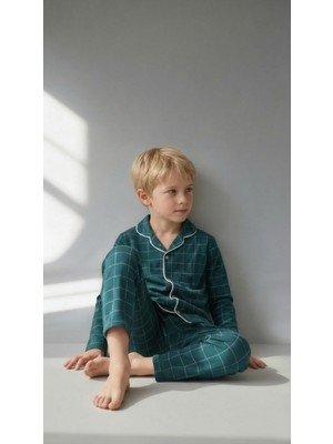 Vitmo Erkek Çocuk Uzun Kollu %100 Pamuklu Düğmeli Pijama Takımı Petrol Ekose