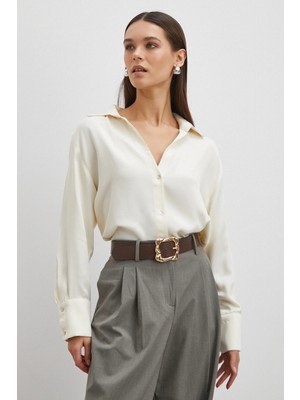 Never More Viskon Saten Gömlek Ekru