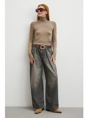 Never More Yüksek Bel Pileli Geniş Paça Jean Füme