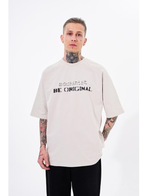 Machinist Erkek Be Original Baskılı Yıkamalı Oversize Tişört Açık Bej Efektli