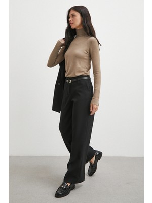 Never More Yüksek Bel Paça Detaylı Kemerli Pantolon Siyah