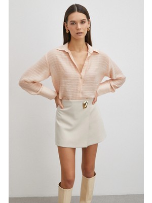 Never More Kabartma Çizgili Gömlek Pudra