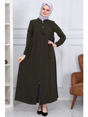 Medine Ipeği Tesettür Pile Detaylı Ferace MS-0165 Haki