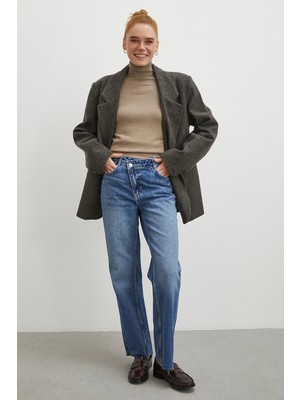 Never More Çapraz Fermuarlı Kesik Paça Düğmeli Jean Lacivert