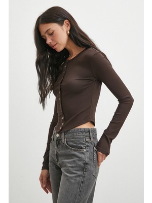Düğmeli Uzun Kol Bluz Kahve