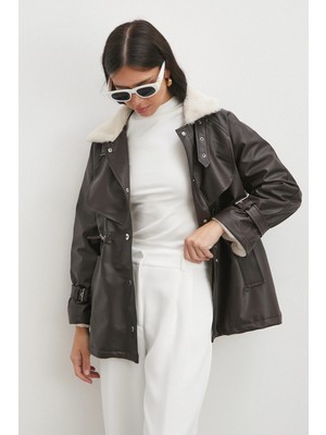 Never More Kürklü Yaka Detaylı Deri Ceket Kahve