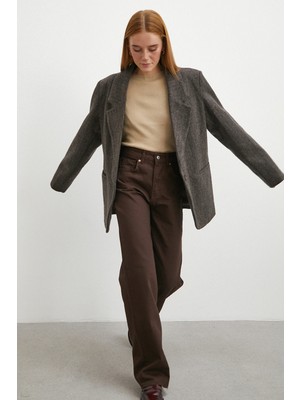 Yüksek Bel Kesik Boru Paça Jean Kahve