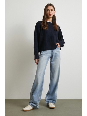 Never More Yüksek Bel Şerit Detaylı Boru Paça Jean Mavi