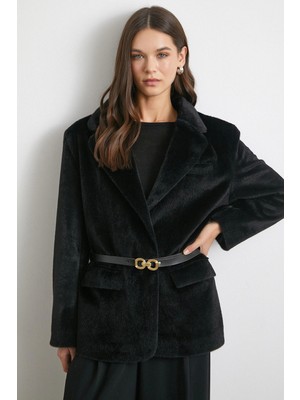 Never More Kemerli Tay Flock Ceket Siyah