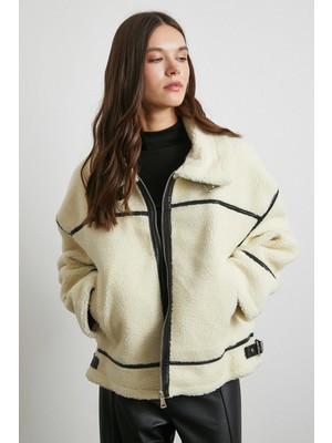 Never More Ters Detay Lamine Biker Ceket Krem