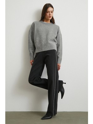 Never More Taş Işlemeli Yüksek Bel Kesik Paça Jean Siyah